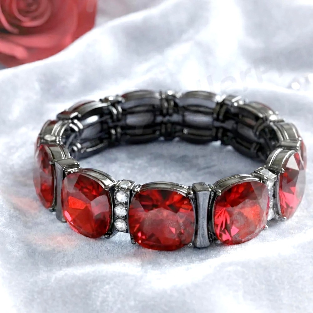 Vintage Red Glass Cabochon Bracelet Silver Tone Rhinestone Spacer